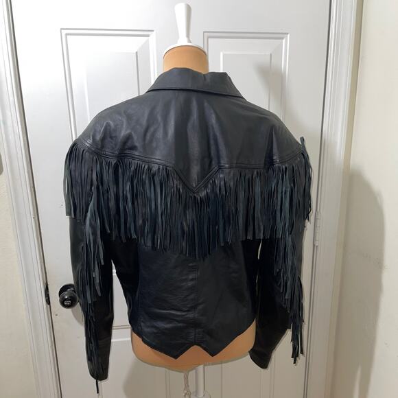 VTG PIONEER WEAR CROPPED BLACK LEATHER WESTERN MOTO JACKET WOMEN'S SIZE 16 - Picture 4 of 8